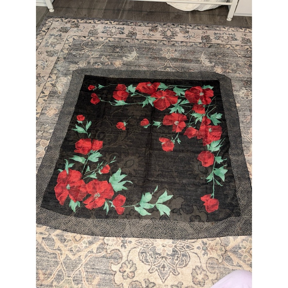 Vintage Mesh Silk Scarf Red Flowers Polka Dots